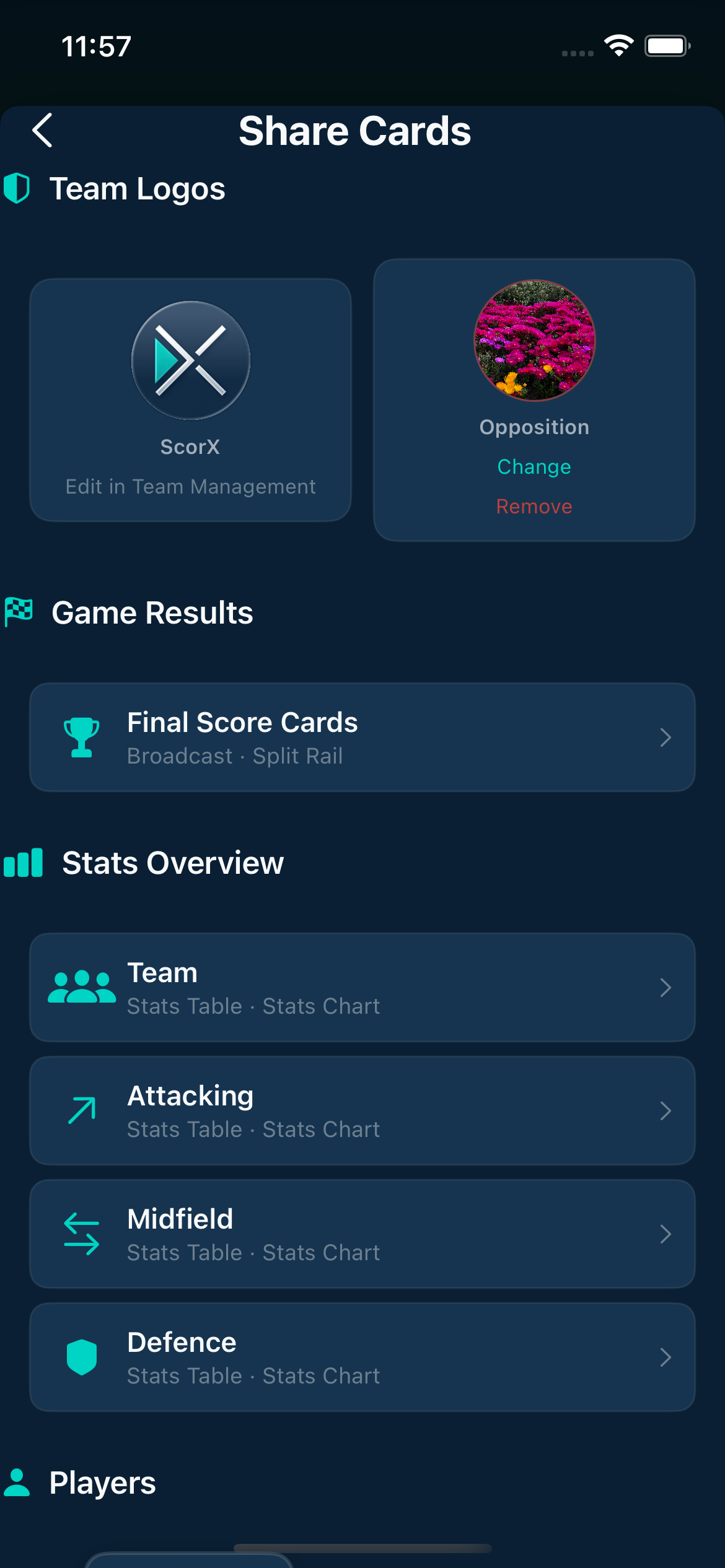 ScorX Share Cards menu showing team logos, final score cards, stats overview and player card options
