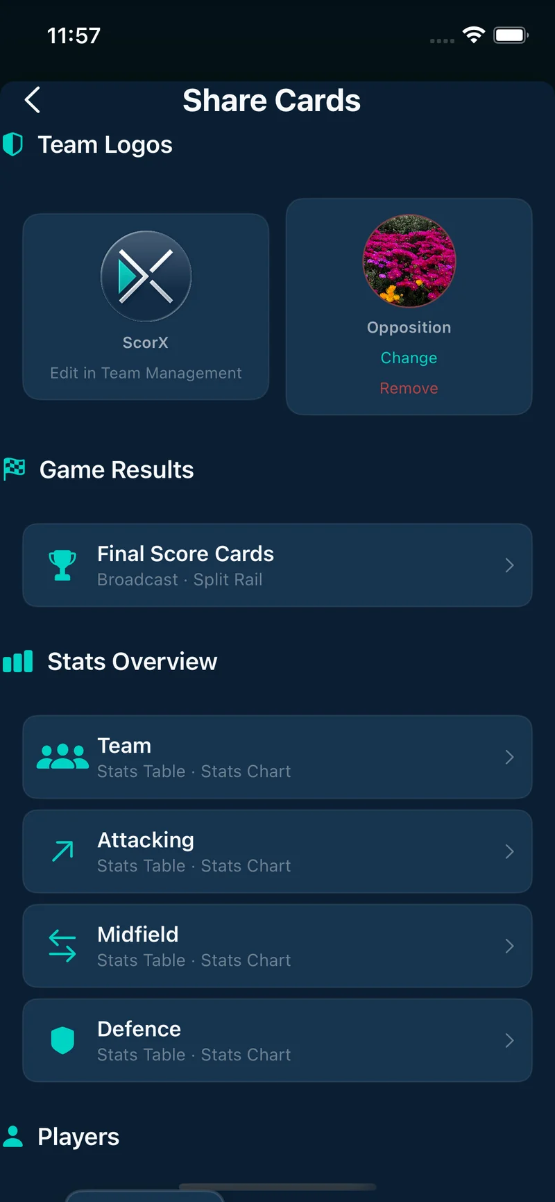 ScorX Share Cards menu showing team logos, final score cards, stats overview and player card options
