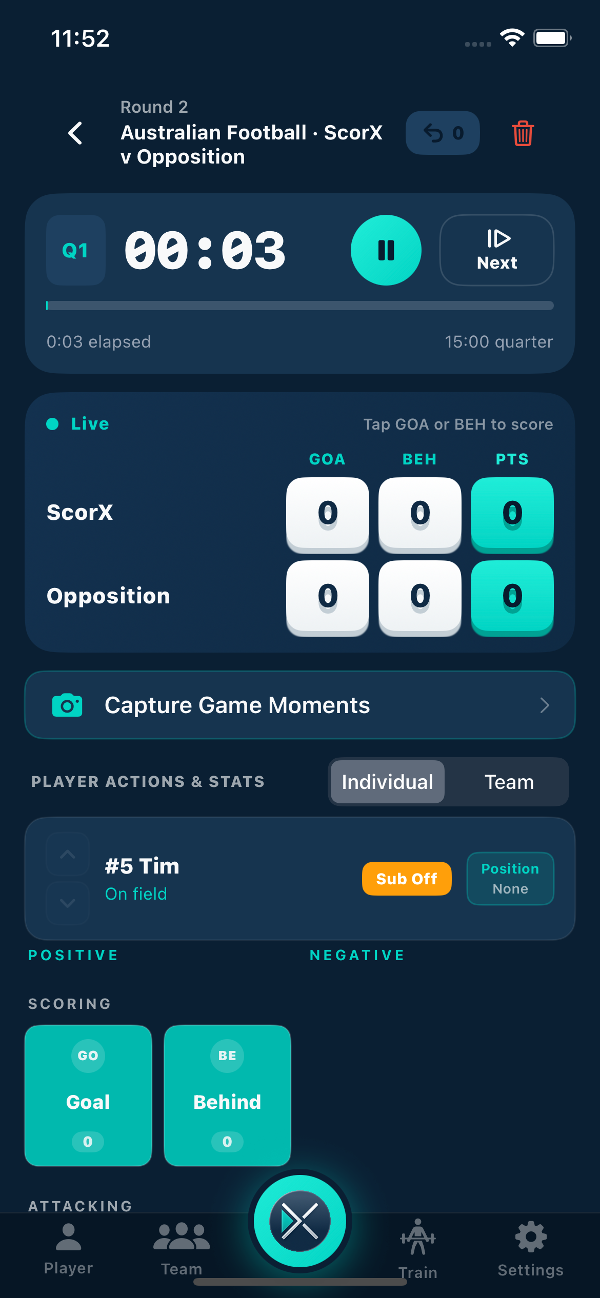 Live game scoring view showing real-time team scores and player stat totals