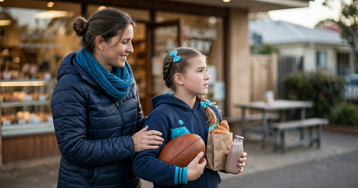 A parent and child stopping for food on the drive home after a junior footy game.
