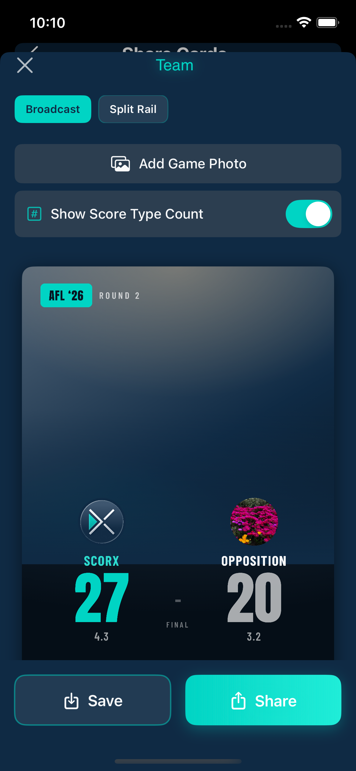 Final score graphic generator in ScorX showing a Broadcast layout AFL result, 27 to 20