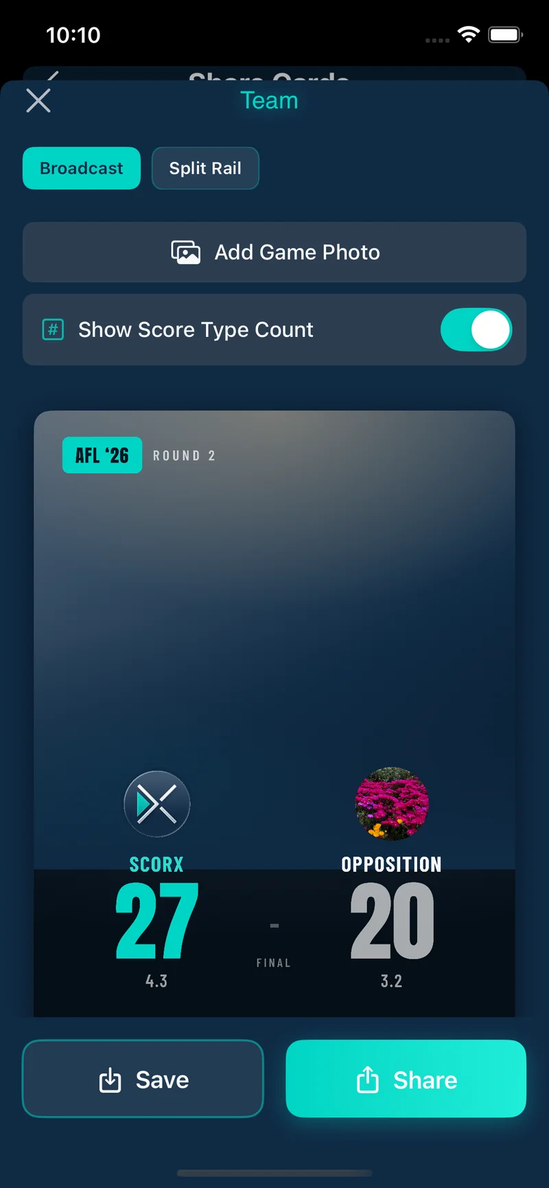 ScorX sports graphic generator creating a final score card
