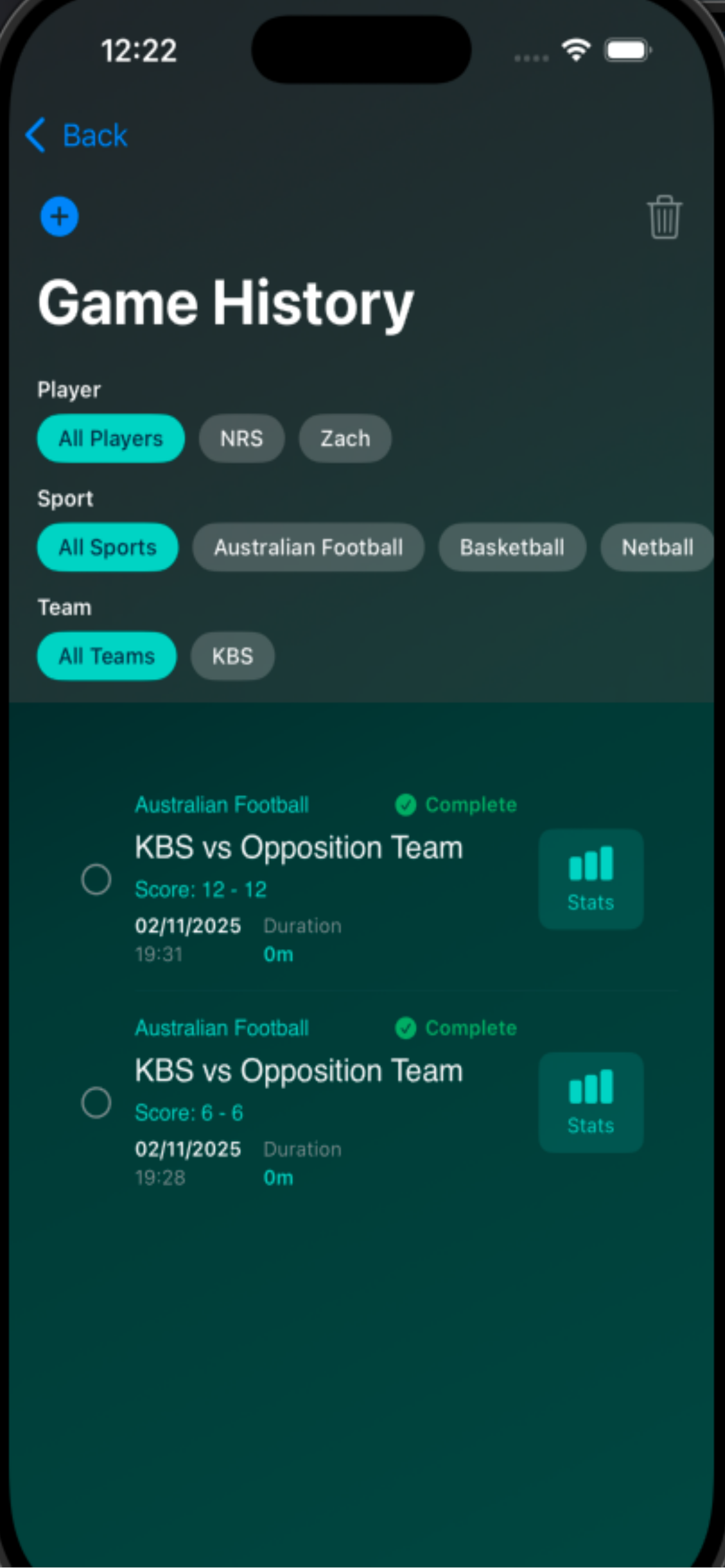 Game history archive showing past games