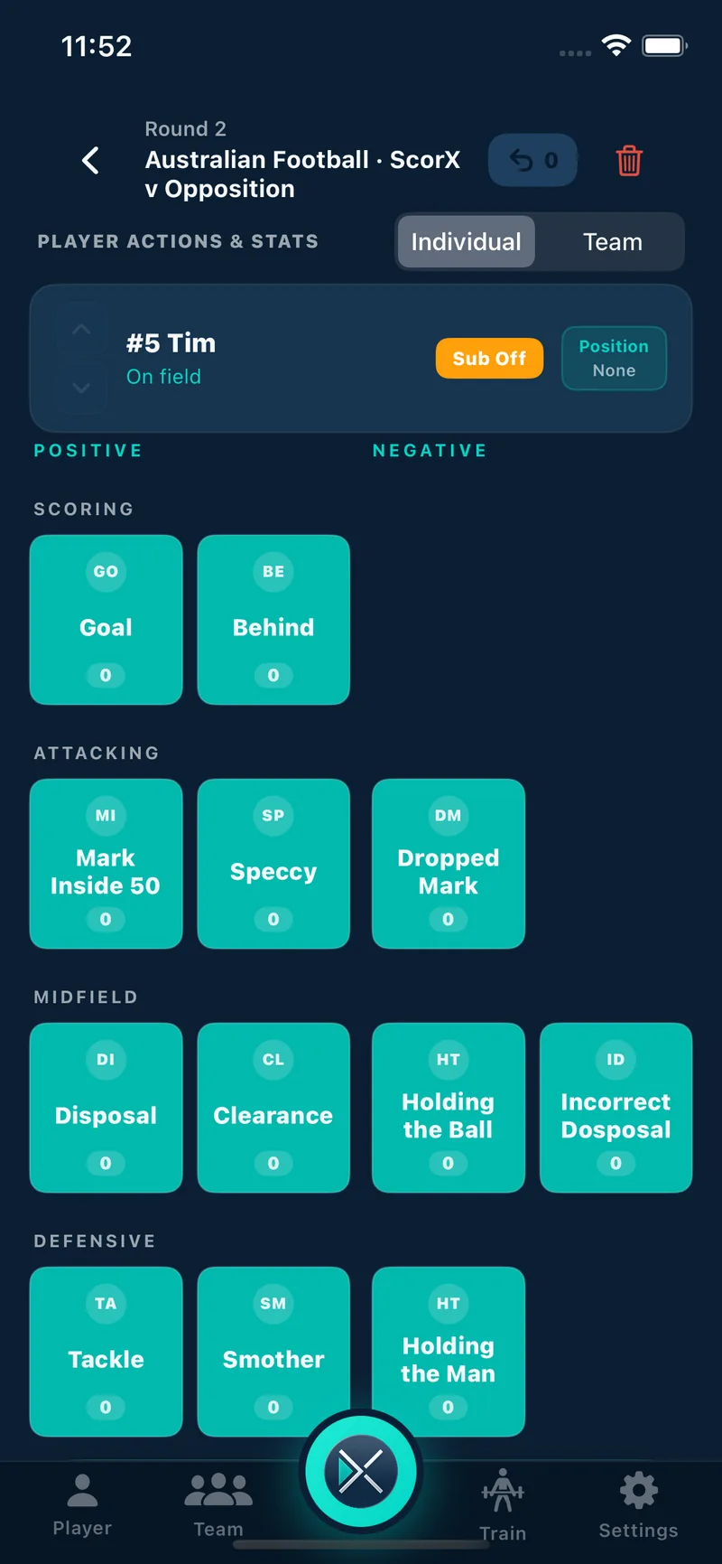 Individual player game view showing actions recorded against the game clock