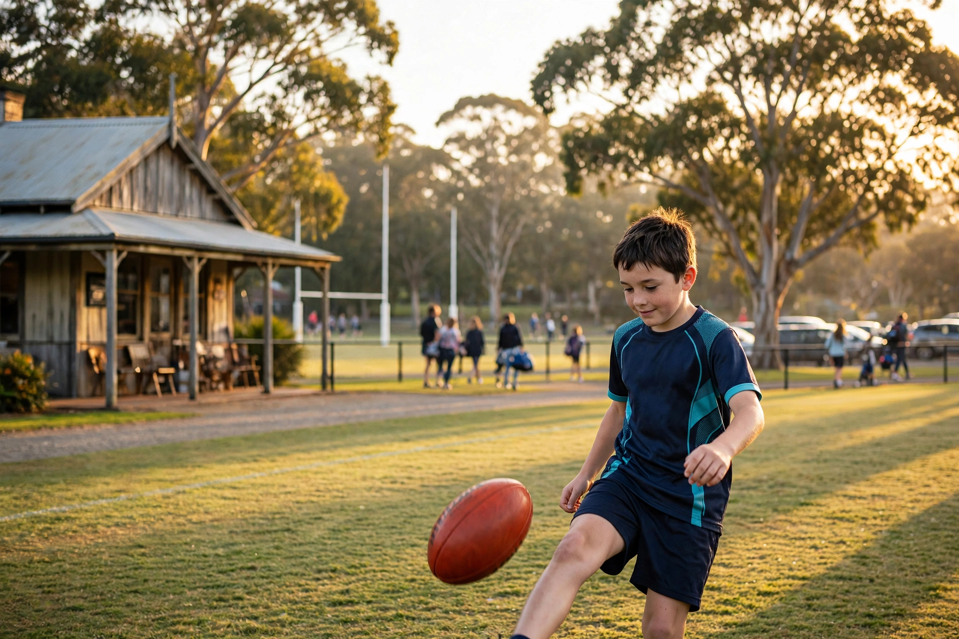 A junior AFL player kicking a football on a suburban oval before training starts