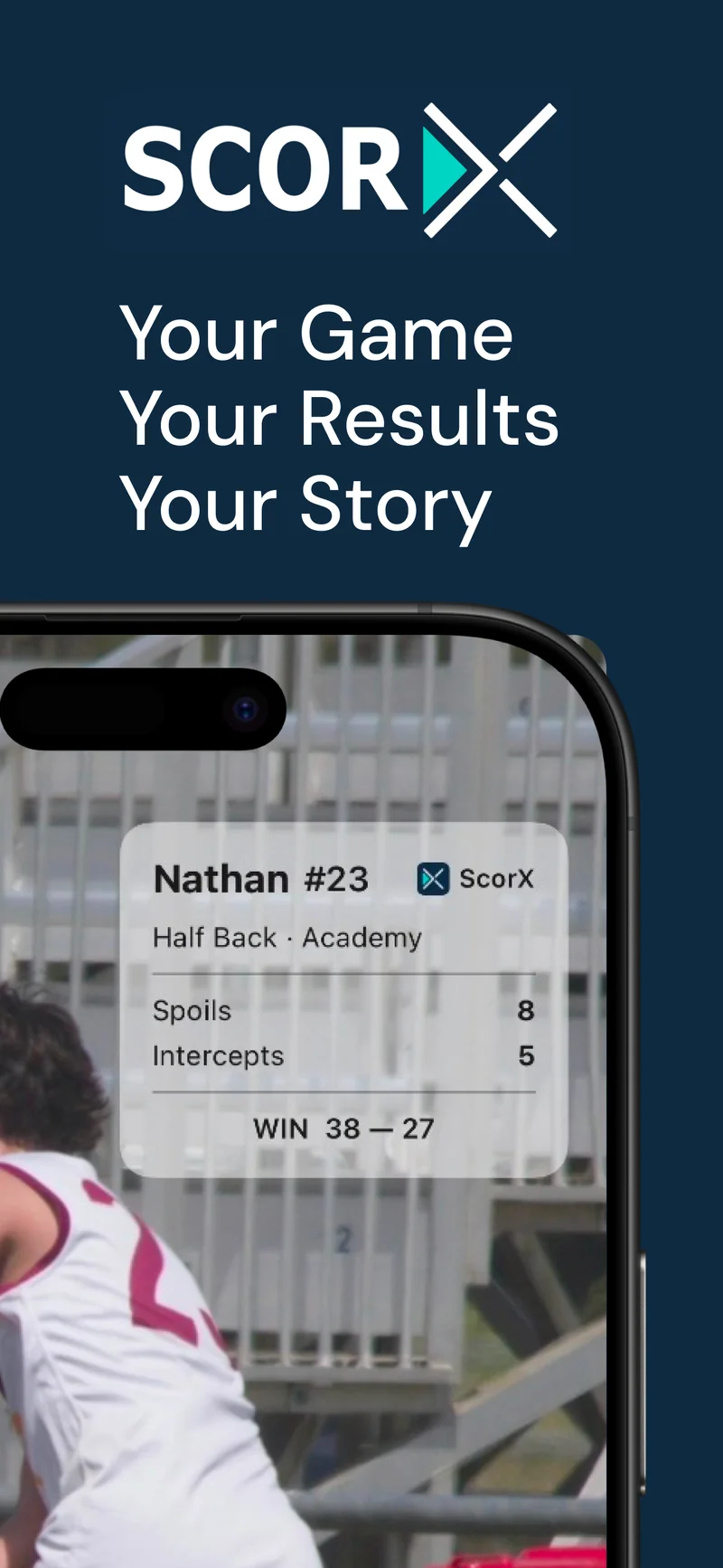 ScorX shareable player card showing a junior player's game stats — spoils, intercepts and the final score