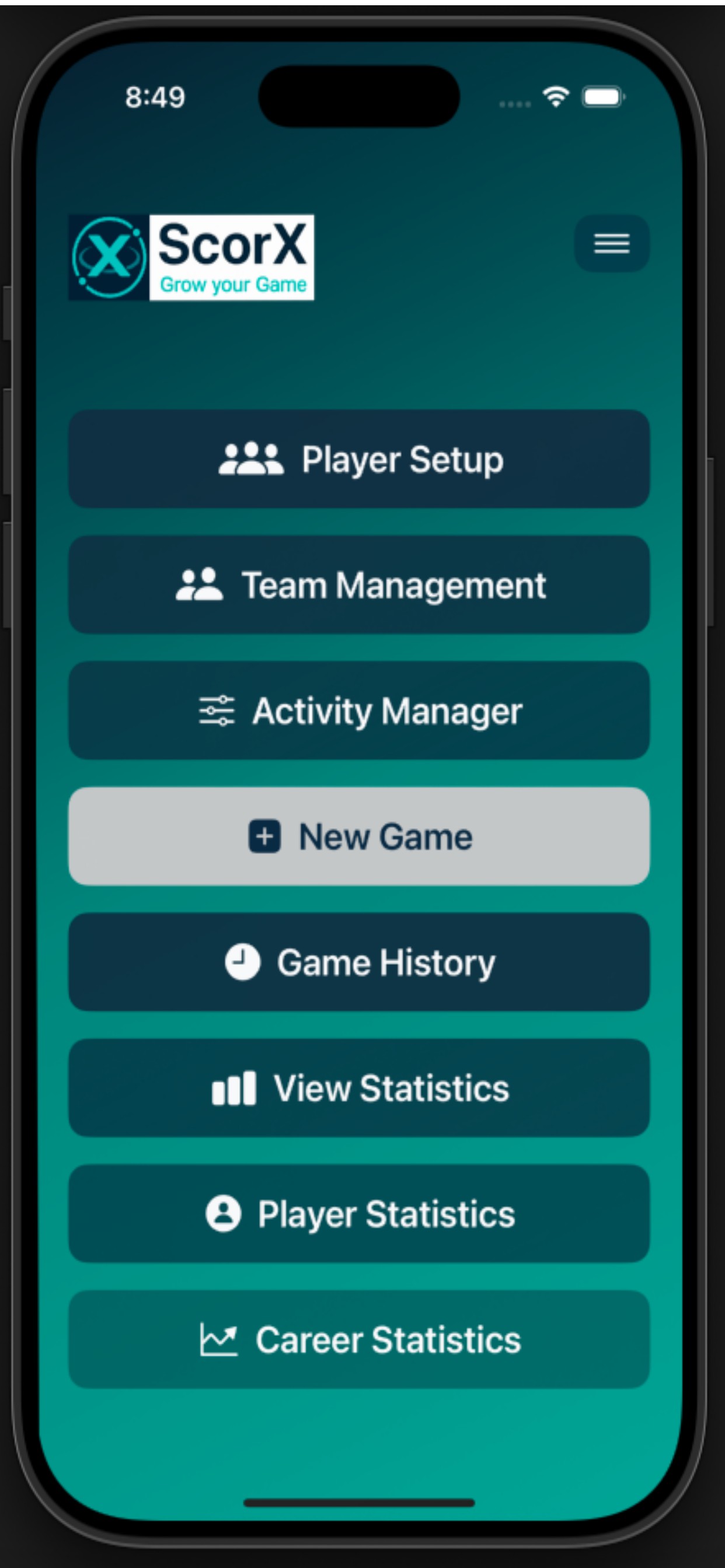 ScorX App Home Screen - Intuitive Interface