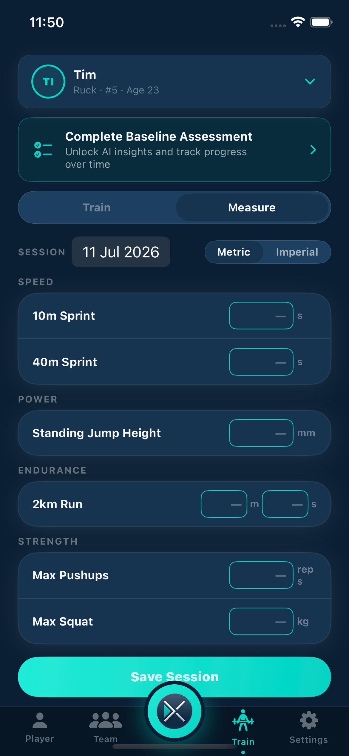 Athleticism metrics screen showing ten physical measurements with trend indicators