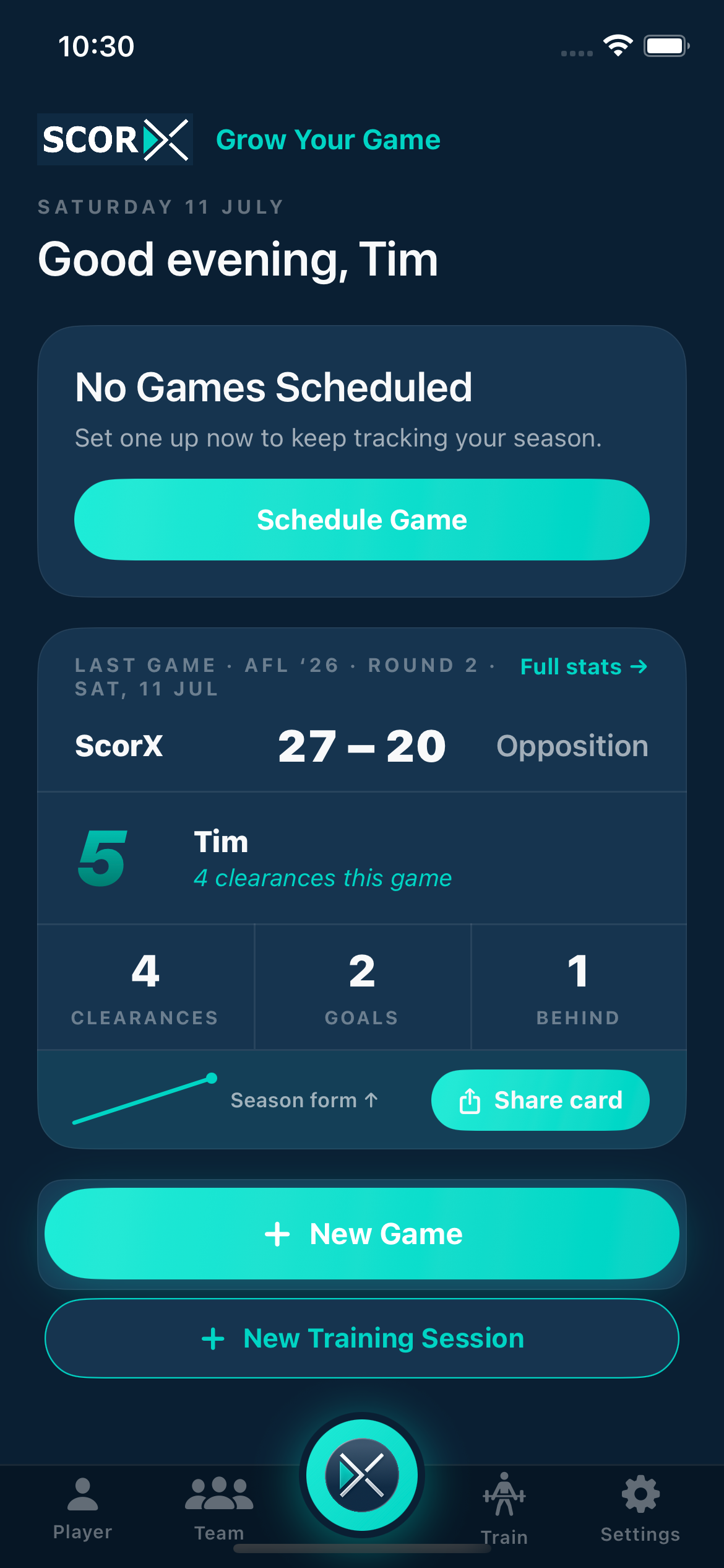 ScorX home dashboard shown in dark mode