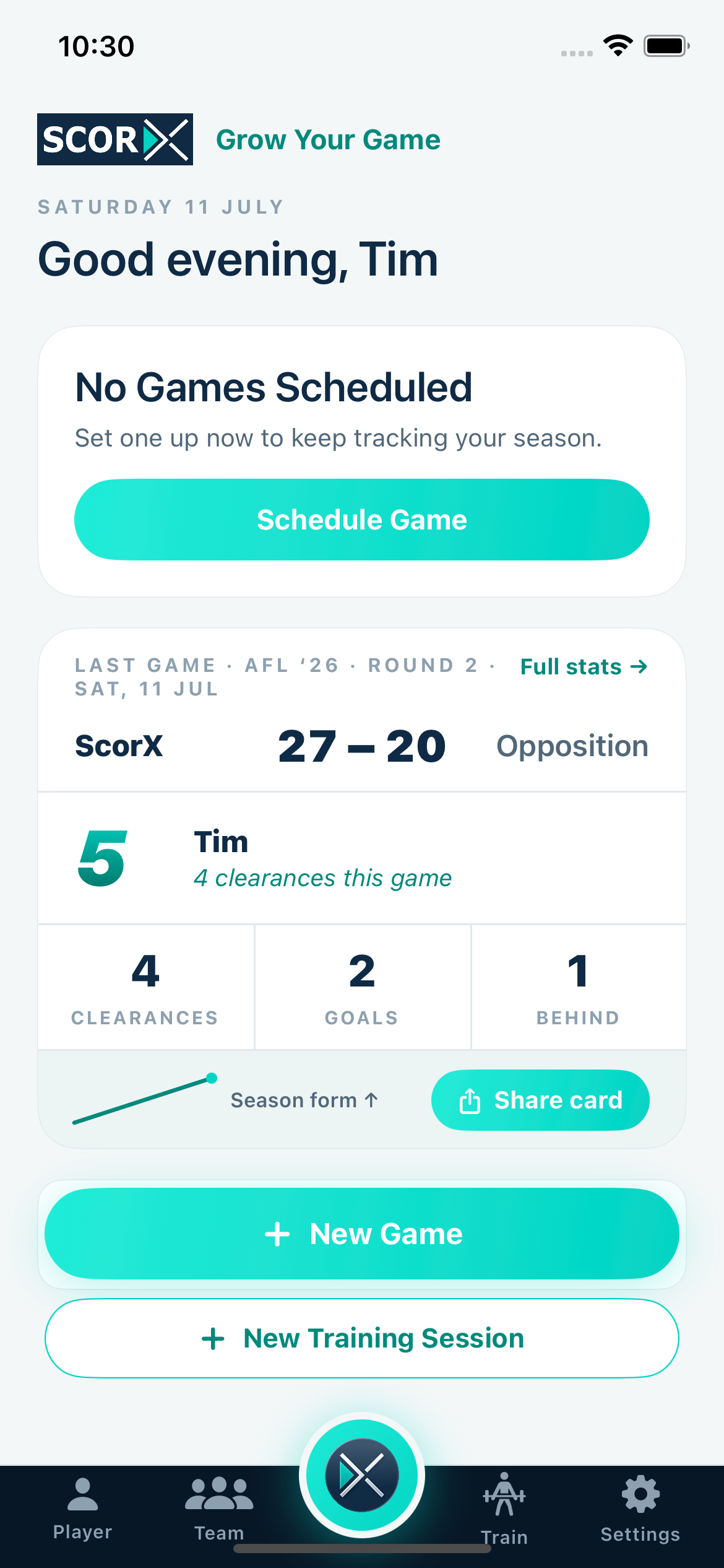 ScorX home dashboard shown in light mode