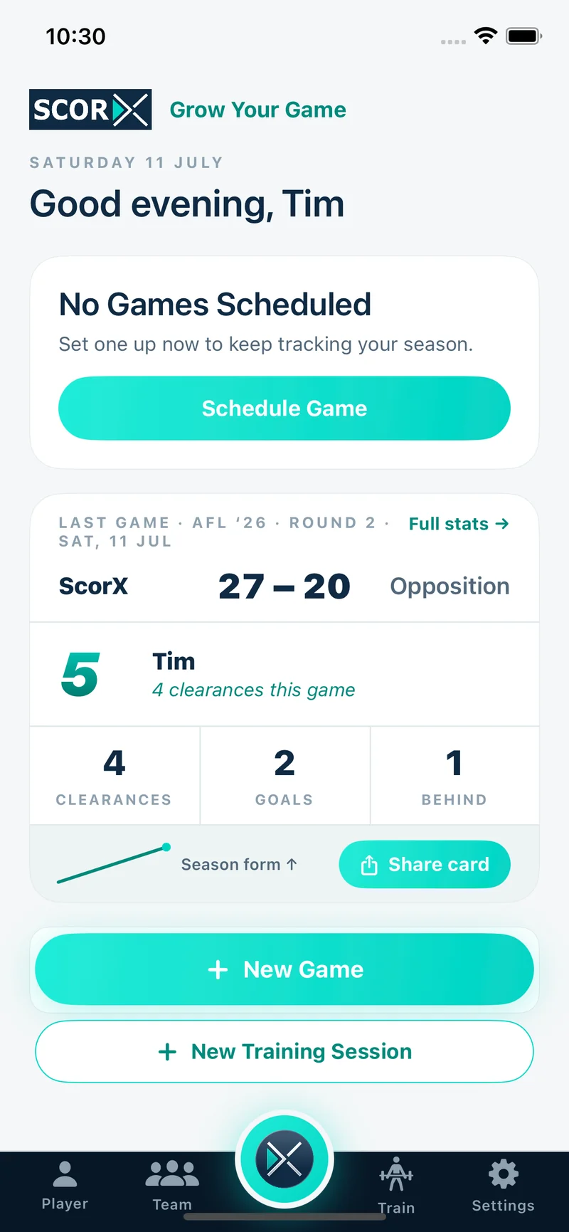 ScorX home dashboard shown in light mode