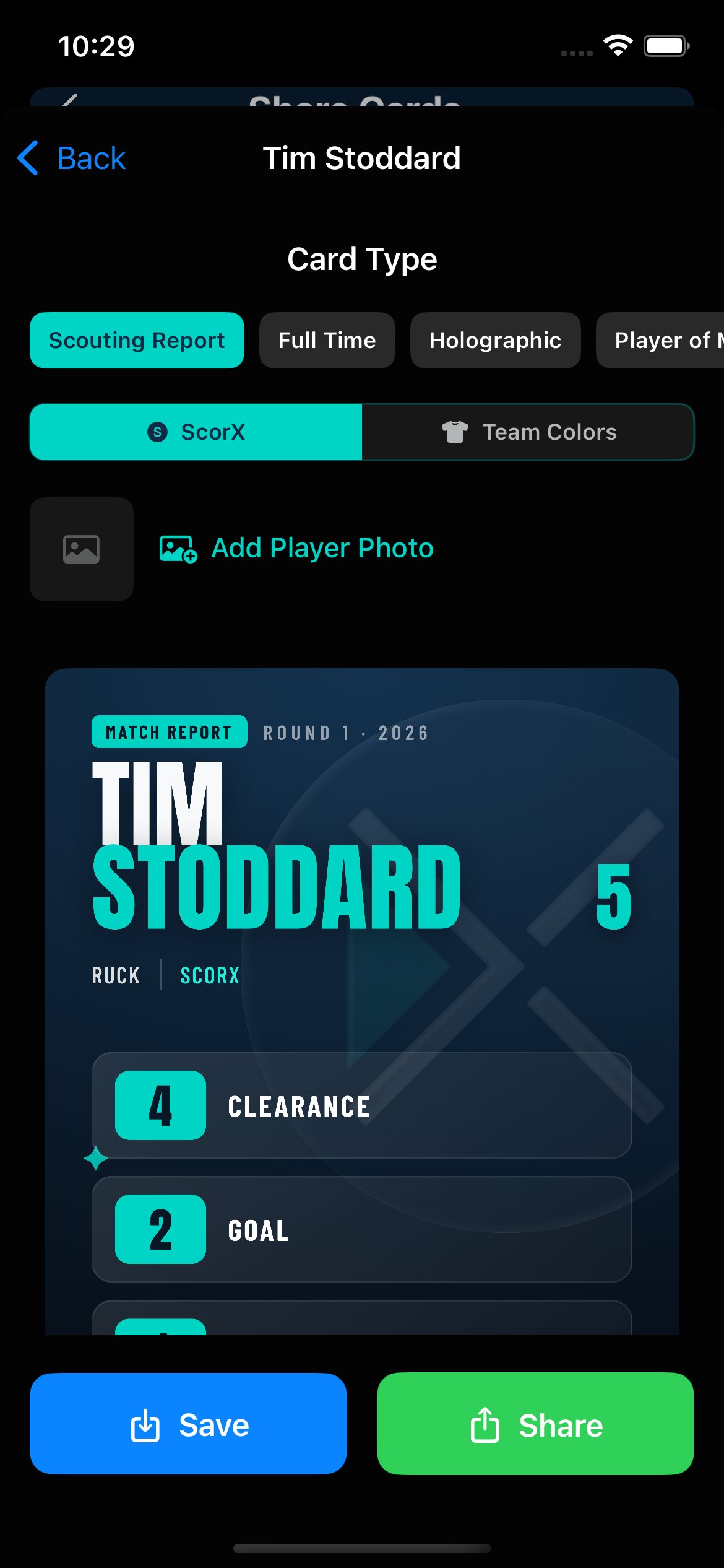 Player card example showing athlete photo, stats, and sport-specific design