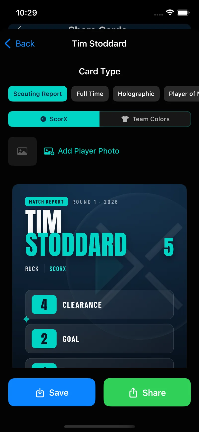 Player card example showing athlete photo, stats, and sport-specific design