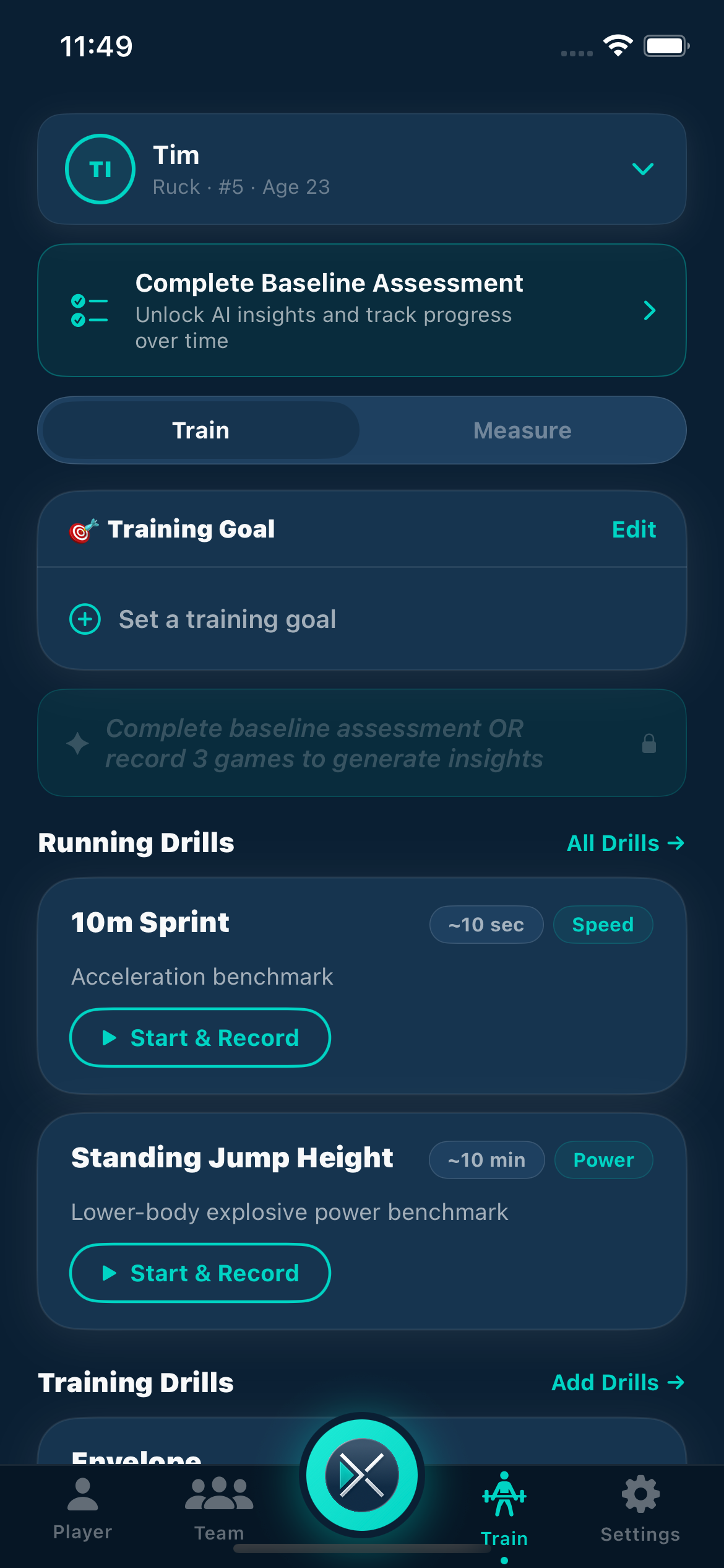 Train section showing AI-generated skill development focus with evidence from game data